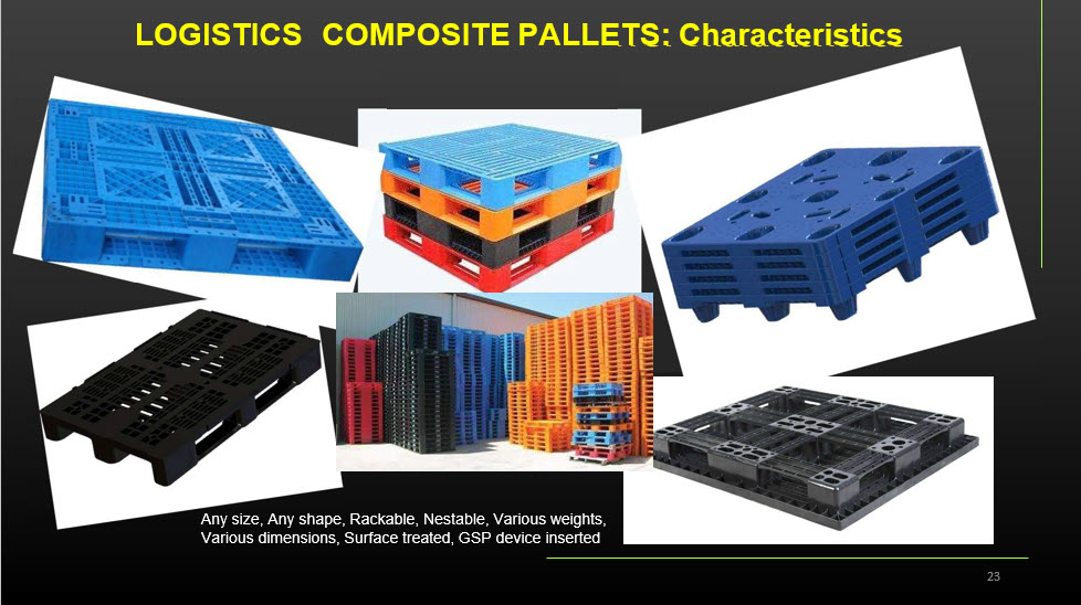 Range of composite logistics pallets in different colors, sizes, and stacking configurations
