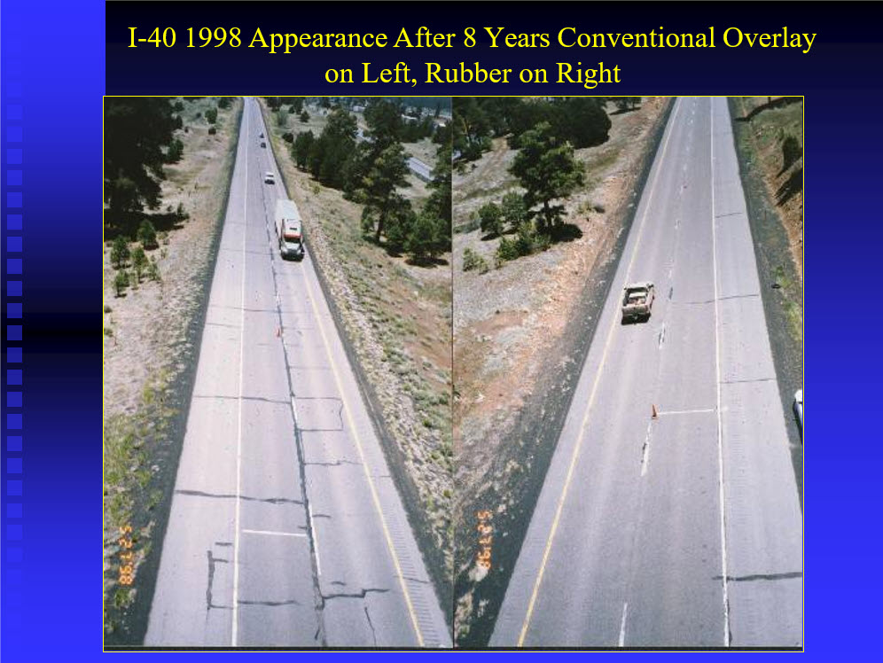 I-40 pavement in 1998 after 8 years, showing a conventional overlay on the left with heavy cracking and a rubberized overlay on the right in far better condition