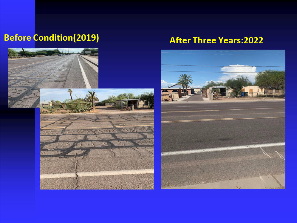 Pavement condition before rubberized treatment in 2019 showing severe alligator cracking, compared to the same road after three years in 2022