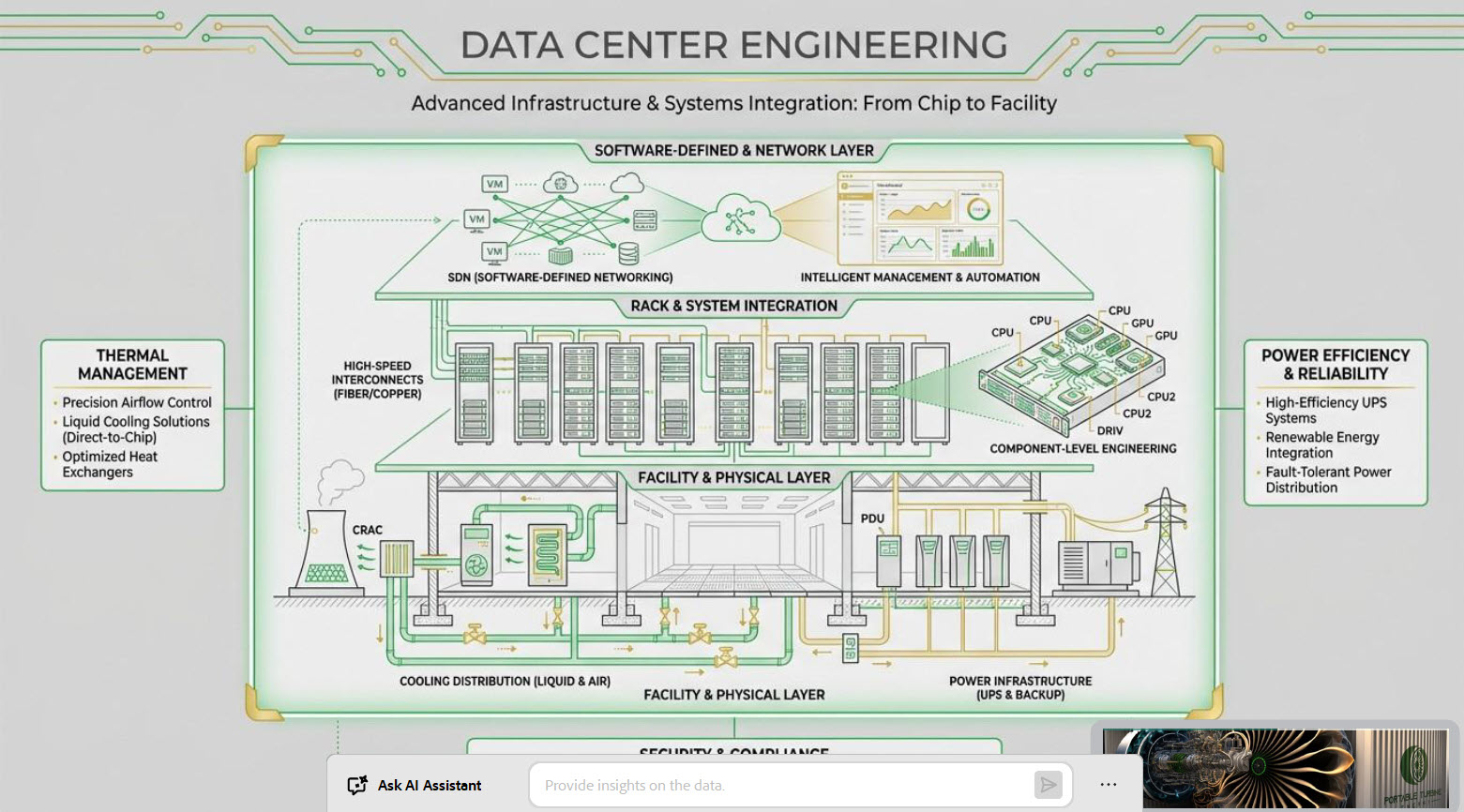 Data center engineering diagram showing software-defined networking, rack integration, and facility power and cooling layers